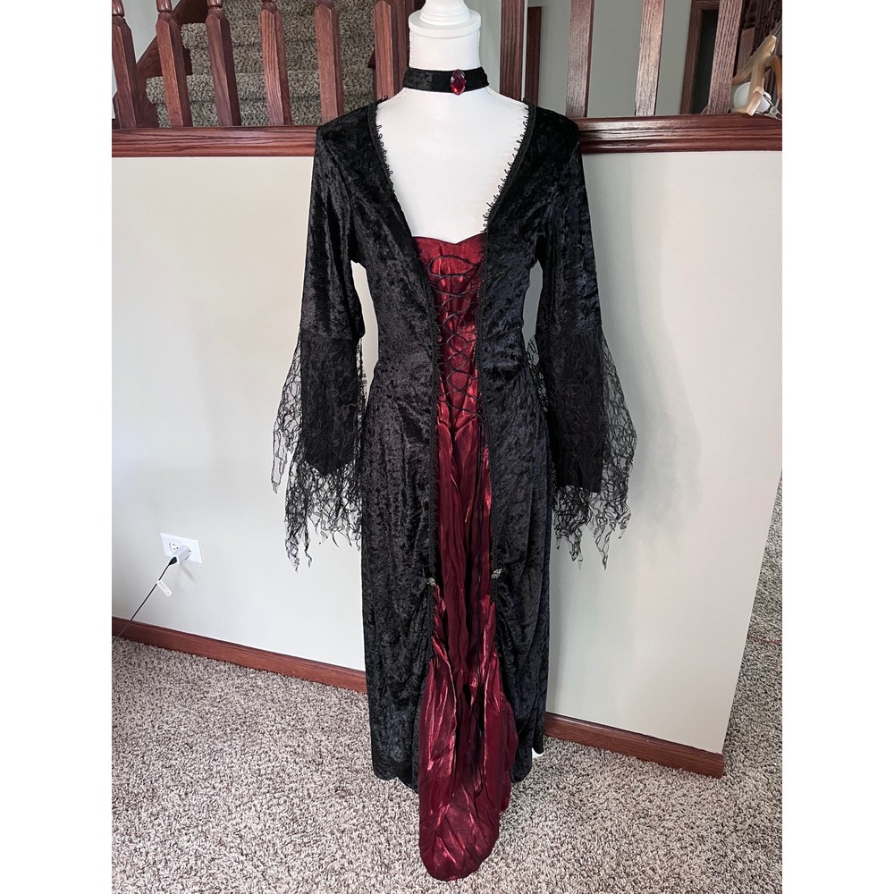 InCharacter Costumes Women L Black Red Velvet Gothic Vampire Dress Lace Sleeves